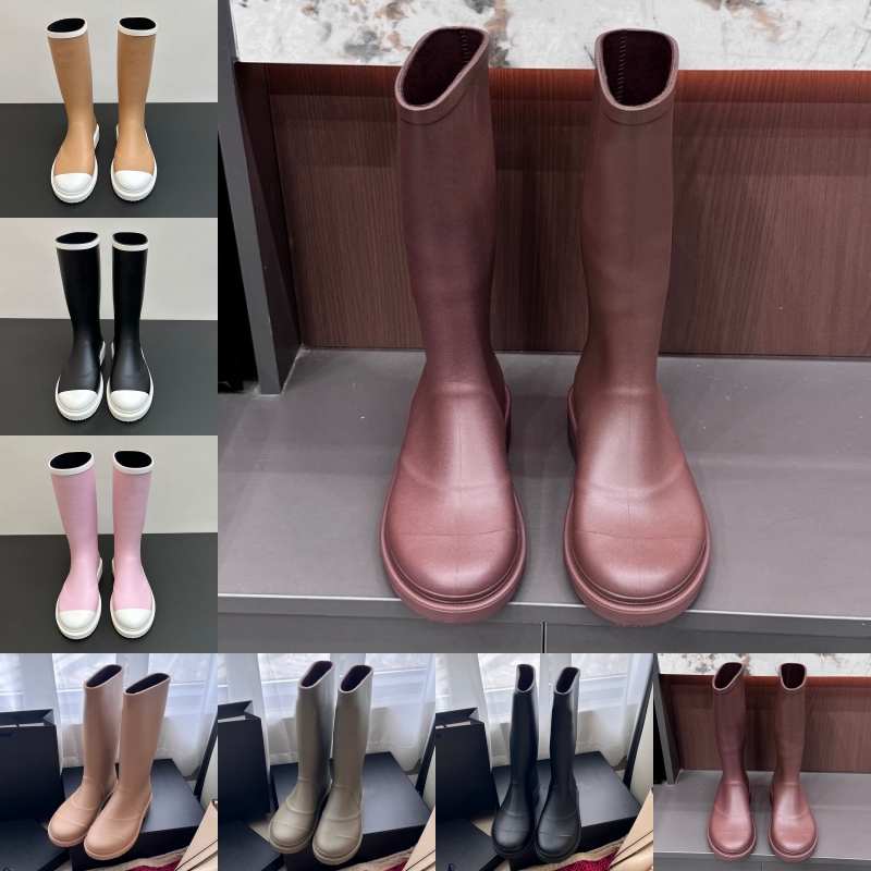 Women Rain Boots Top Brand Designer Bottes Square Toe Black White Olive Beige Rainboots Lady Thick Heel Sole Rubber Winter Waterproof Casual Platfor
