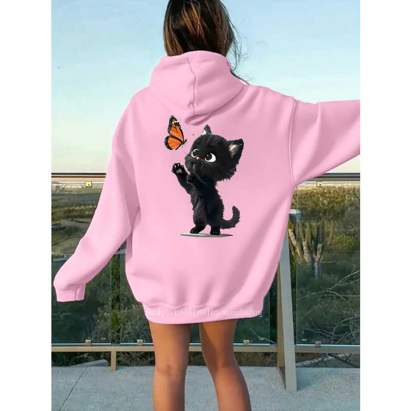 Funny Women's Hoodies Sweatshirts 2026 Oversized Streetwear Hoodie Halloween Gifts Cute Black Cat Chasing Butterfly Pattern Autumn Winter Fall