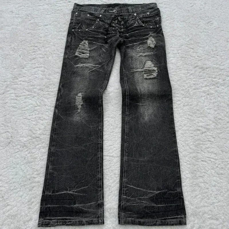 Men Jeans Y2k Retro Damaged Washed Holes Gothic Style High Quality Trend Double Waisted trousers Add Nails Women Long Flared Pants Denim