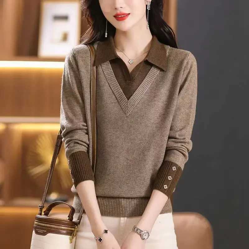 Women's Sweaters Fashion Autumn New Fake Two Piece Neck Sweater Women's Contrast Button Loose Simple Patchwork Long Sleeve Knit Top H26092