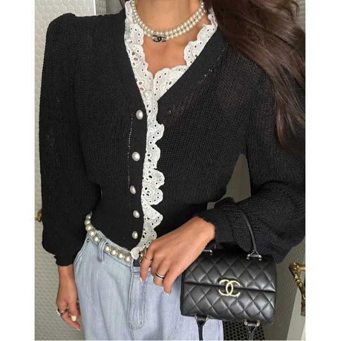 Women's Sweaters 2026 New Korean Style Pearl Button Splice Lace Knitwear Loose Fit Cardigan Fashion Design High Sensation Women's Sweater