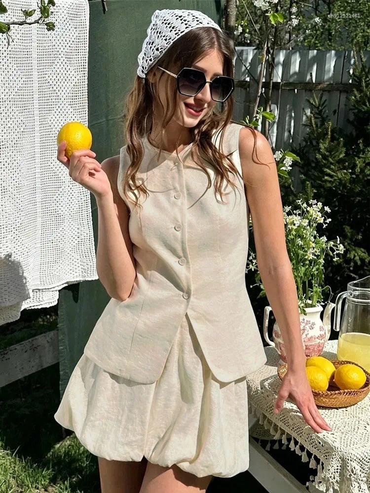 Ladies Cotton Chic Casual Summer Vest Top Mini Skirt Set Women Fashion Commuter Sleeveless Tank Loose Shorts Suits Female