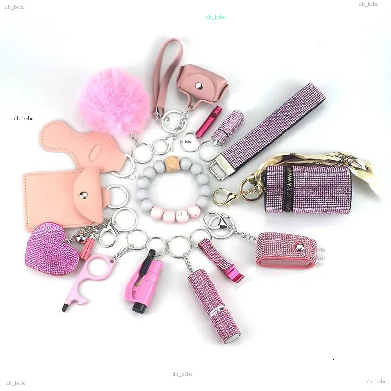 15 pièces Portable rouge à lèvres maçonnerie défense femmes en plein air boule de fourrure pendentif porte-clés ensemble porte-clés avec sac de r