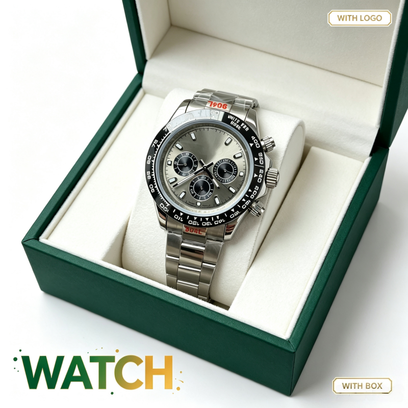 Mens Watch Luxury Moissanite Diamond Chronograph Black Dial Silver Stainless Steel Watches Men Designer Waterproof with Box Gift for Him Classic Top