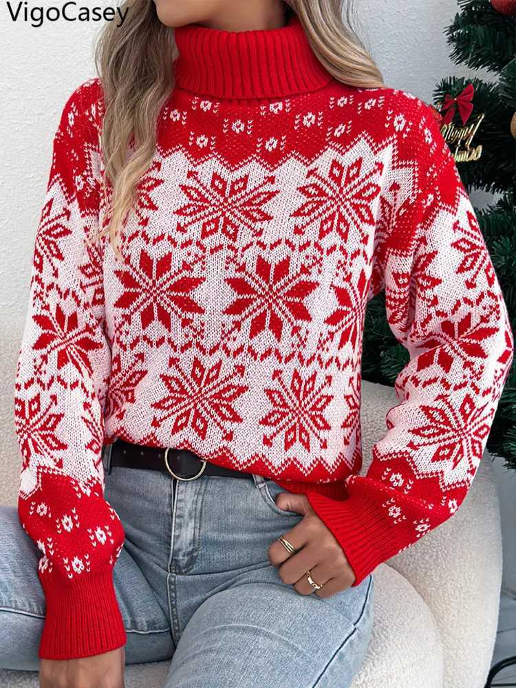 Women's Sweaters VigoCasey 2026 Winter Loose Christmas Knitted Sweater Women Casual High Neck Pullover Autumn Lantern Long sleeve Knit Jumper D
