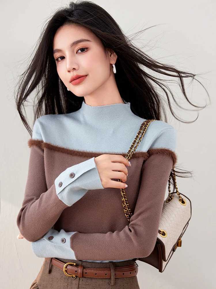 Women's Sweaters Half Turtleneck Colorblock Knitted Women's Sweater 2024 Autumn Winter New Long Sleeve Bottoming Solid Sweater Female Slim