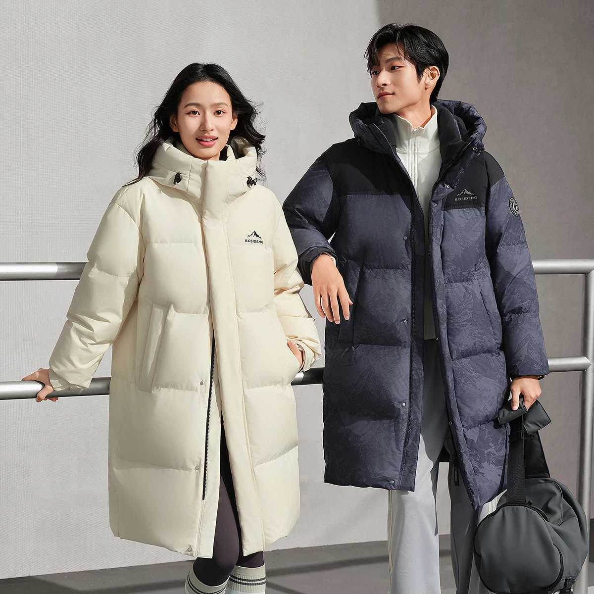 Men's Down Parkas BOSIDENG Mens and Womens Hooded Down Jacket Waterproof Windproof Winter Coat Side Pockets Long Warm Parka C260922