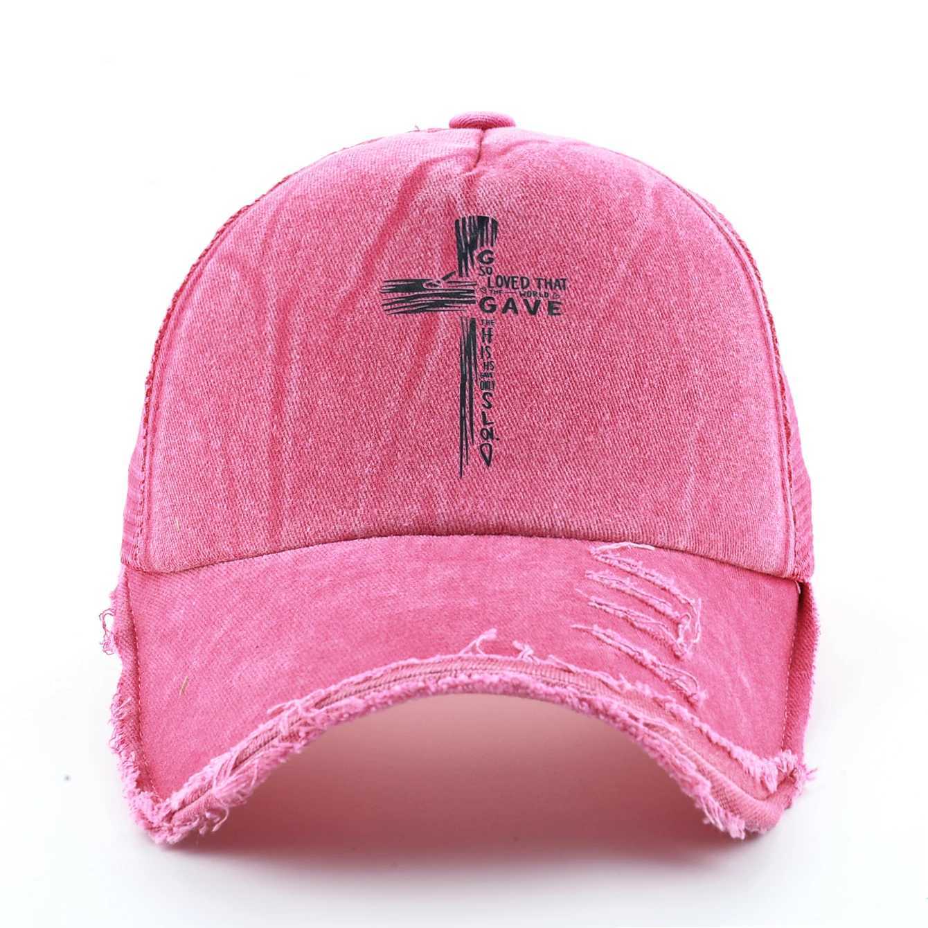 Washed Denim Pink Baseball Cap Women Printing Cross Sun Visor Cap Men Snapback Hip Hop Trucker Cap Breathable Mesh Hat Z260922