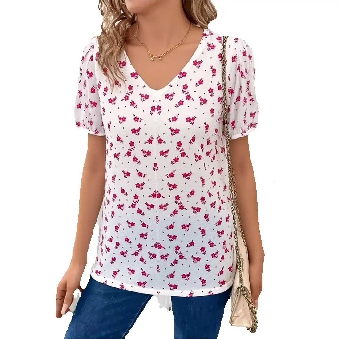 Women's Sweaters Women Ditsy Floral Knit Top V Neck Puff Short Sleeve Tactel Yarn Blouse Loose Lightweight Cool Fabric Summer Sweater H260923