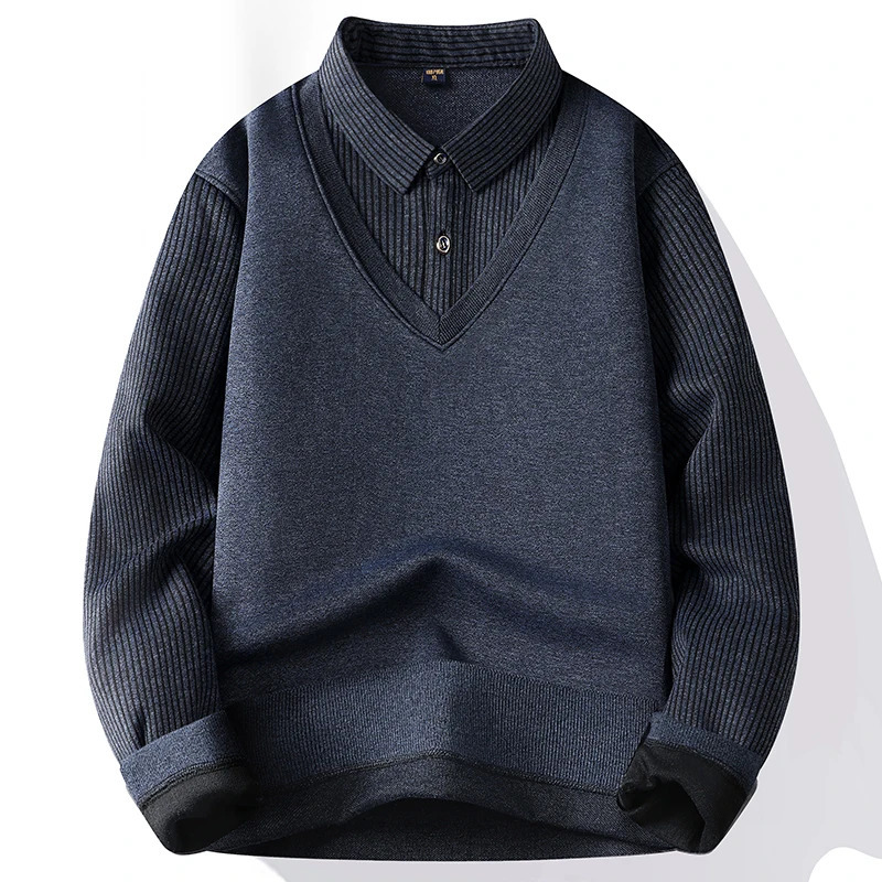 Winter Fall Man Fleece Polo Shirt Collar Knit Pullover T Neck Sweaters Mens Top Blouse Navy Korean Clothing 260922