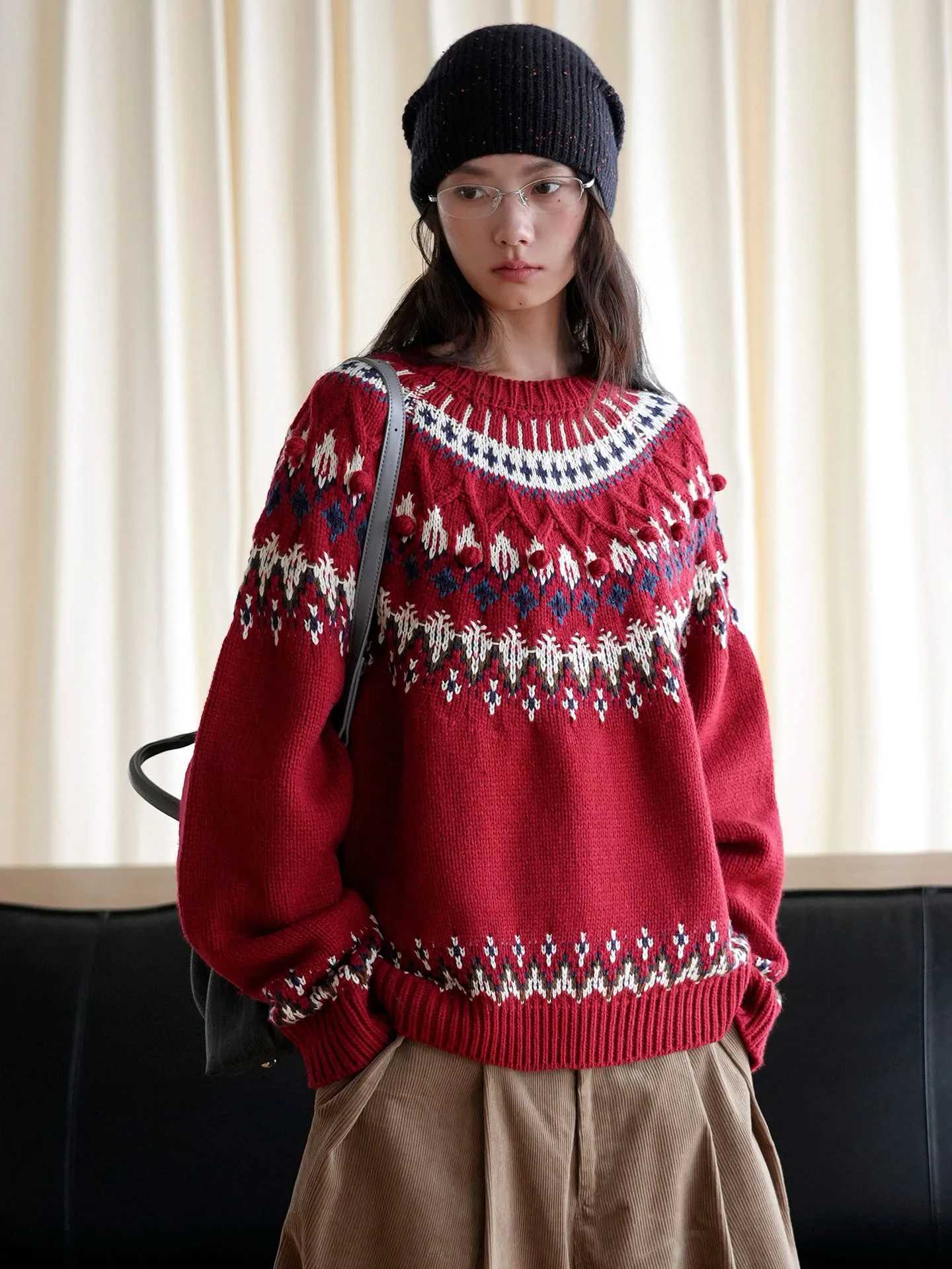 Women's Sweaters Autumn and winter new Japanese retro round neck wool sweater jacquard top for women D260923