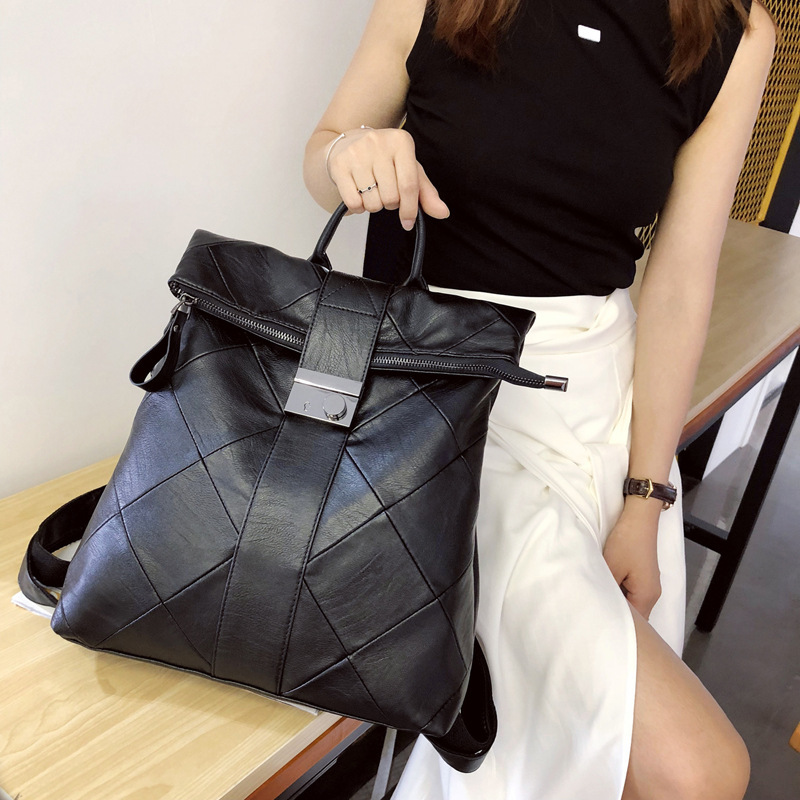 Women Black Geometric Stitched Backpack Soft Faux Leather Metal Lock Top Handle Large Capacity Travel Daypack