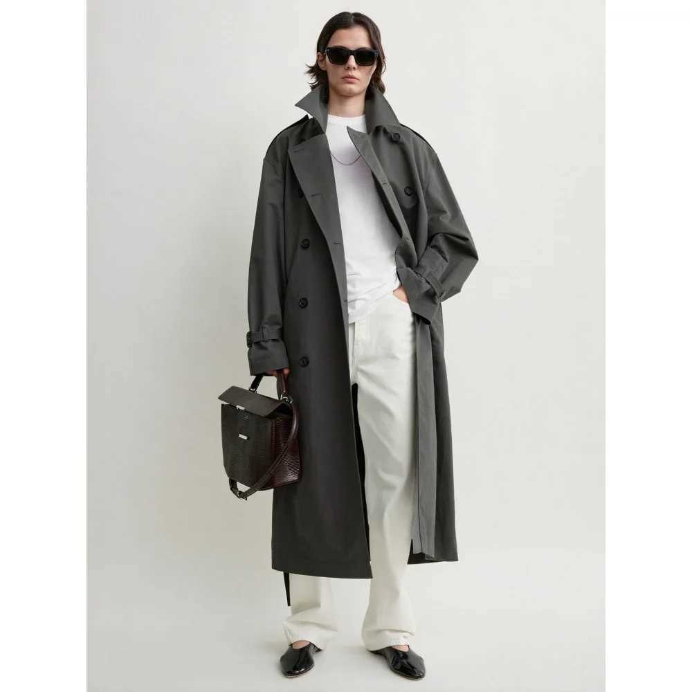 2026 Early Autumn New Style Loose Casual Women's Thin Trench Coat Double-Breasted Gray-Brown Long Coat M260922