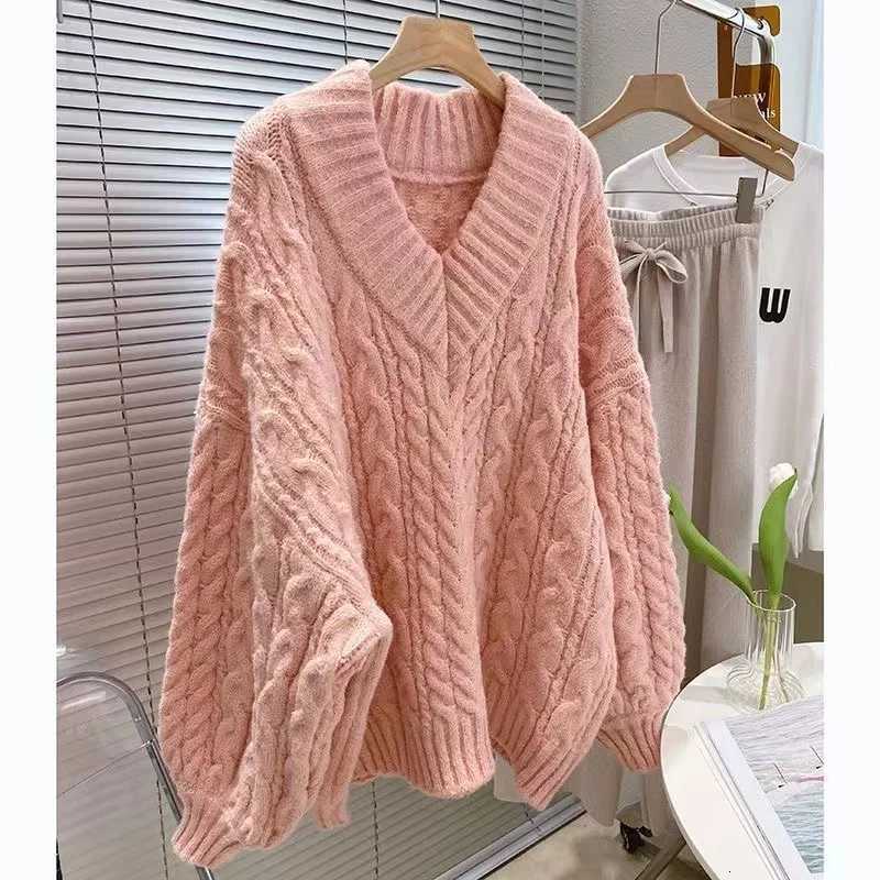 Women's Sweaters Women's V-Neck Thickened Twisted Sweater Loose Outerwear Lazy Style Design Warm Knitted Top Autumn Winter Fashion Commute