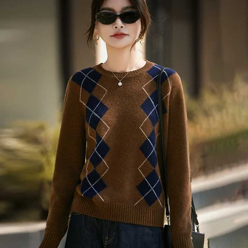 Women's Sweaters Autumn Winter retro Contrasting Patterned Wool knitted Sweater Women's O-neck Korean Version Fashionable Warm Pullover D2
