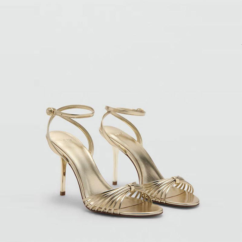 Sandales à bout ouvert en forme de cage avec brides de cheville en cuir métallisé et boucle, talons aiguilles découpés, chaussures simples à lani