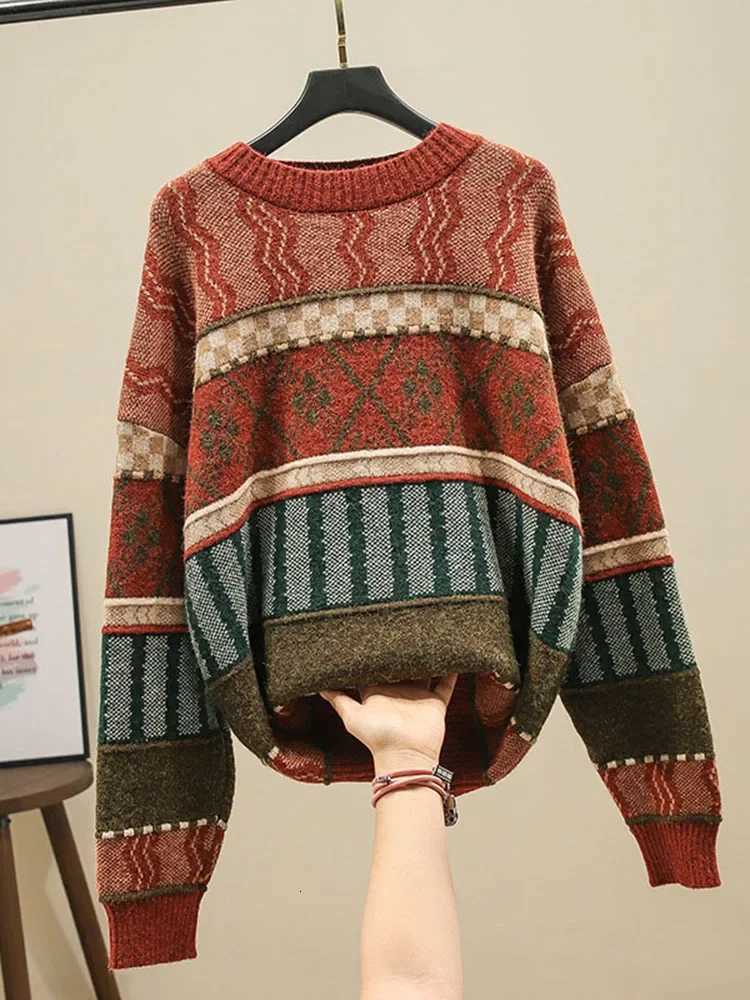 Women's Sweaters Autumn Winter Women's Sweater Nordic Style Round Neck retro Jacquard Pullover Sweater New Loose Casual Knitted Sweaters L