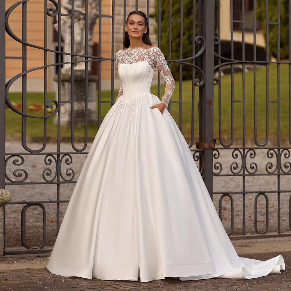 Modern Classic Wedding Dresses for Bride etachable Lace Jacket Long Sleeves Scoop Neck Court Train Bridal Party Gown Vestido De Noiva