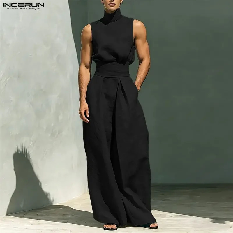 INCERUN Men's Sets Solid Color Turtleneck Sleeveless Vests Pants 2 Piece Streetwear Loose 2026 Fashion Men Matching 260911