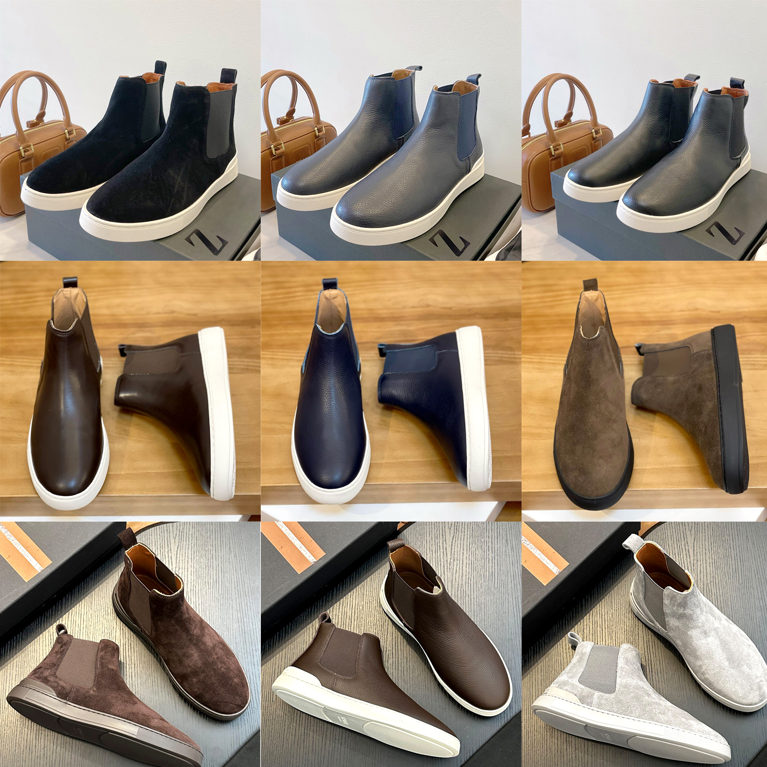 Chelsea Ankle Boots Elastic Side Slip On Mens Casual shoe Genuine Leather Autumn and winter Short Boots Brown black Flat luxury Designer Suede dress