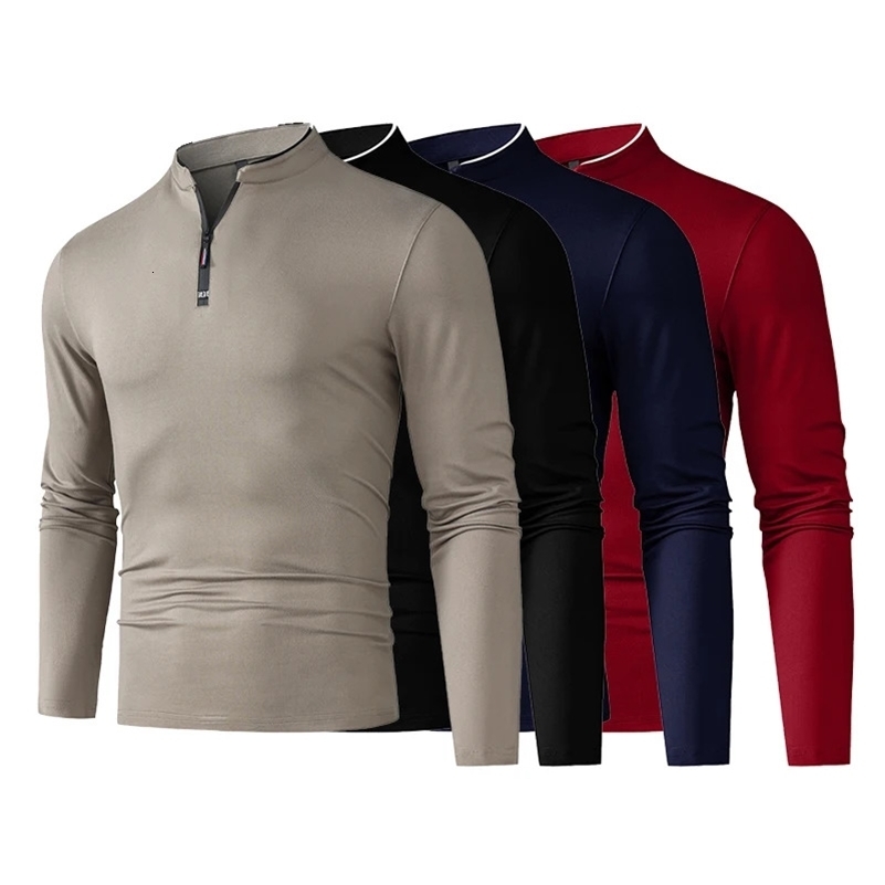 Men's Casual Fashion Zipper Solid Color Long Sleeved Polo Shirt Stand Up Collar Versatile Comfortable Top 260920ww