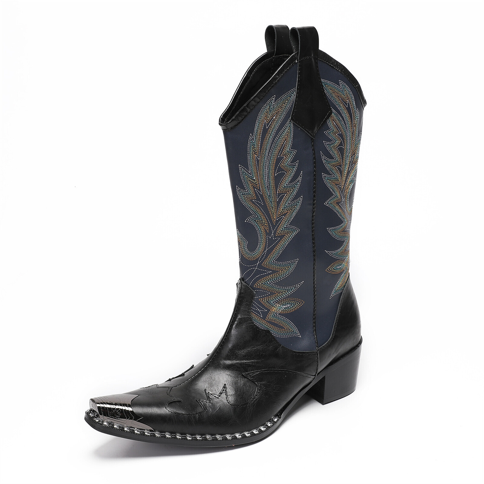 Men Vintage Western Cowboy Boots Floral Embroidered Pointed Toe Pull On Mid Calf Chunky Heel Genuine Leather Fall Winter Streetwear Plus Size