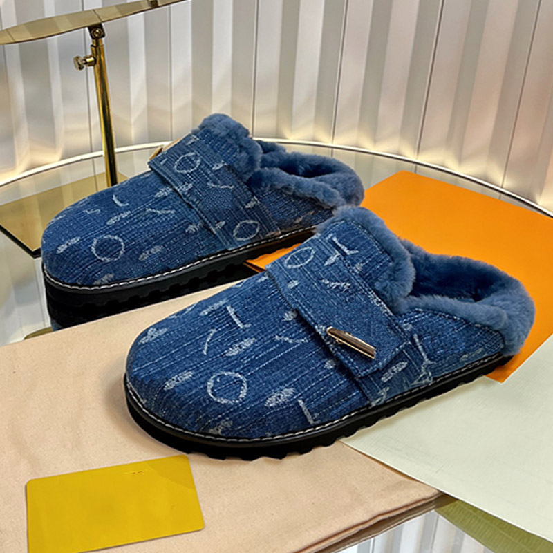 Womens Denim Printed Plush Mueller Shoes Thickened Plush Lining Fashion Print Design Winter Mens Womens Casual Warm Slippers