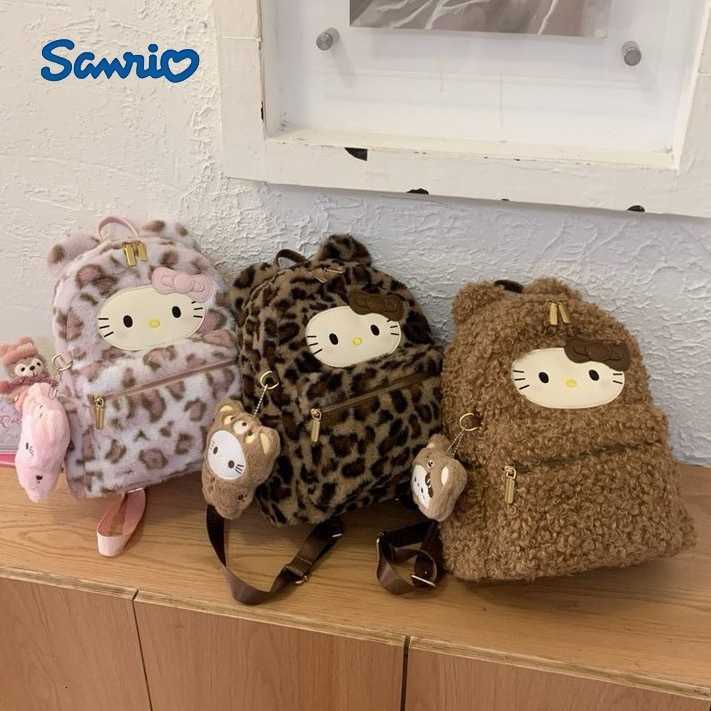 Sanrio Backpacks Korean-style leopard print Hello Kitty backpack for women niche design cute cartoon shoulder bag fashionable and versatile handbag