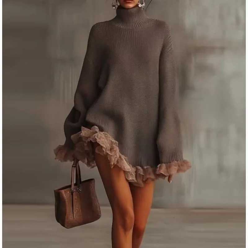 Women's Sweaters 2025 Autumn New Knitted Turtleneck Ruffle Splicing Long-sleeved Gray Sweater H260923
