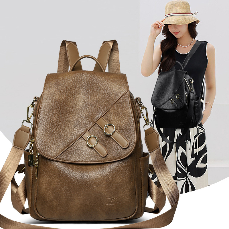 Fashion Women Black Soft Faux Leather Backpack Metal Ring Decor Flip Cover Convertible Shoulder Strap Large Capacity Travel Bag
