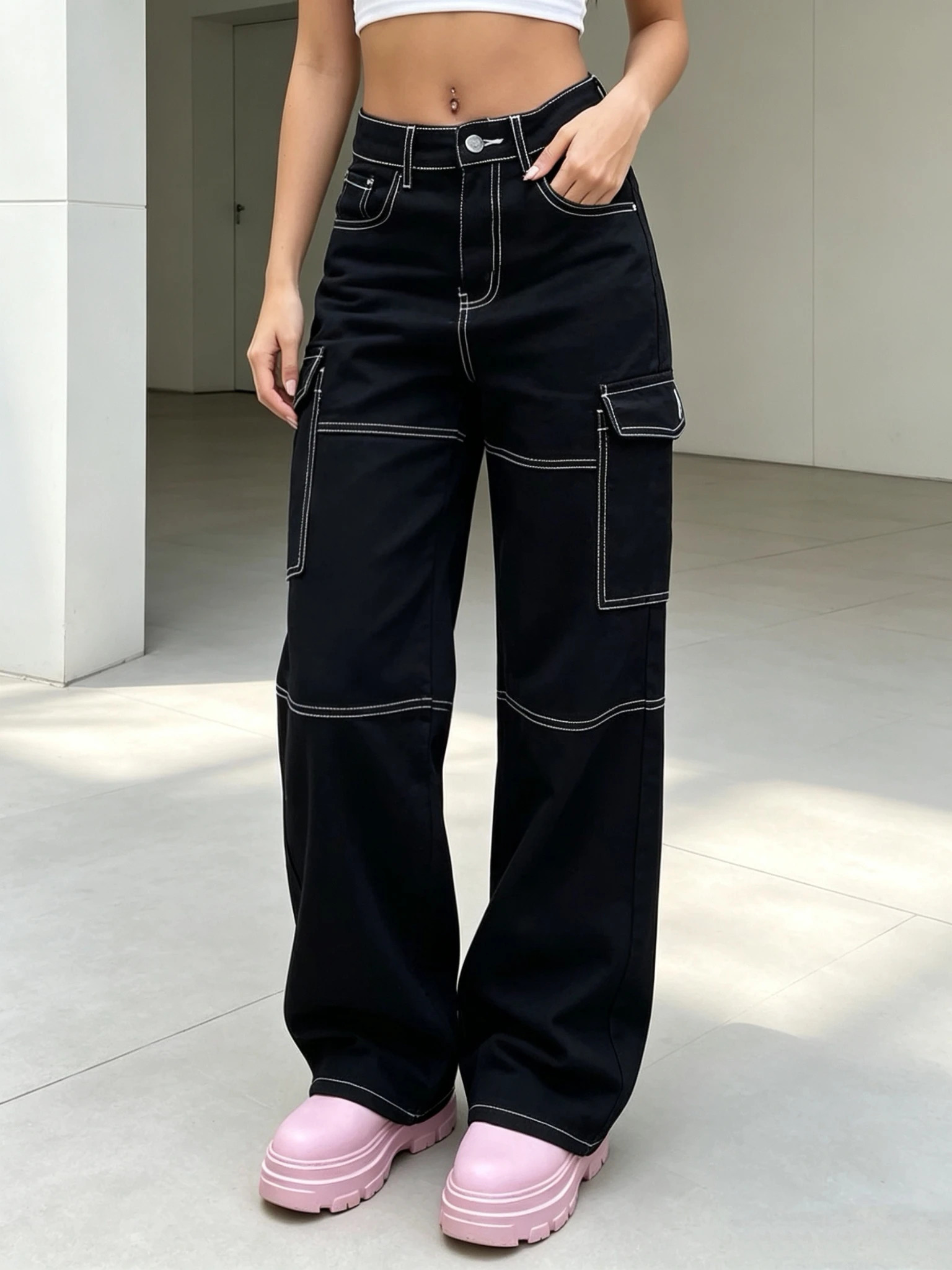Women's High Waist Black Cargo Jeans Contrast Stitch Wide Leg Denim Pants with Multiple Pockets Casual Streetwear Trousers 260922