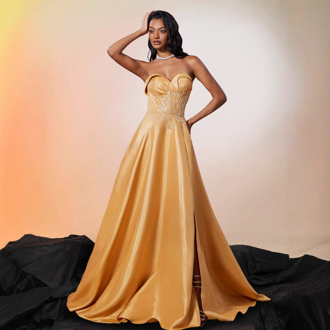 Elegant Gold Mermaid Evening Formal Dresses Sweetheart Embroidery Lace Lace-Up A-line Prom Pageant Party Gowns Celebrity Birthday Vestidos De Feast