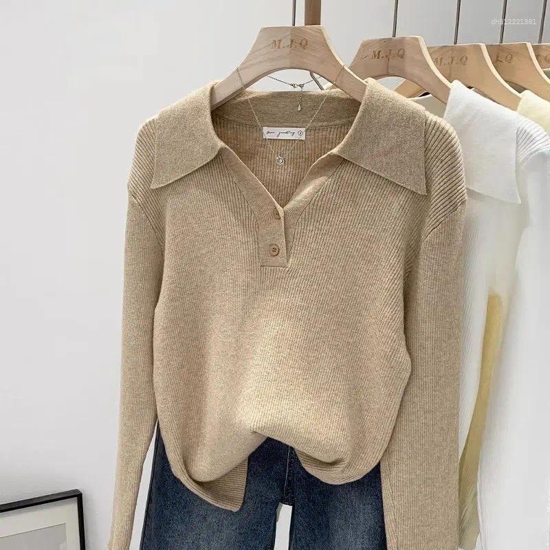 Polo Collar Knit Sweater Women Pullovers Casual Button Front Long Sleeve Rib-knit Jumper Chic Knitwear Trend Autumn Winter Tops