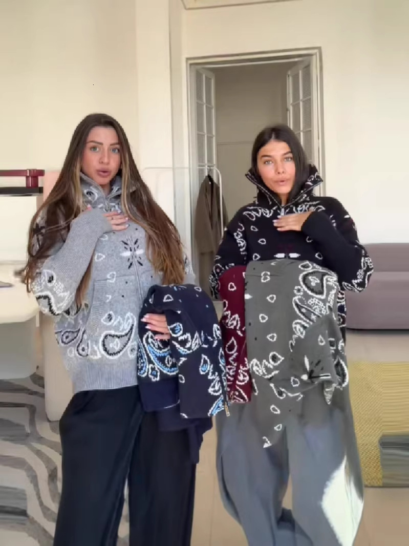 Designer European and American style popular lazy-style paisley retro knitted cardigan, atmospheric spring zip-up sweater jacket