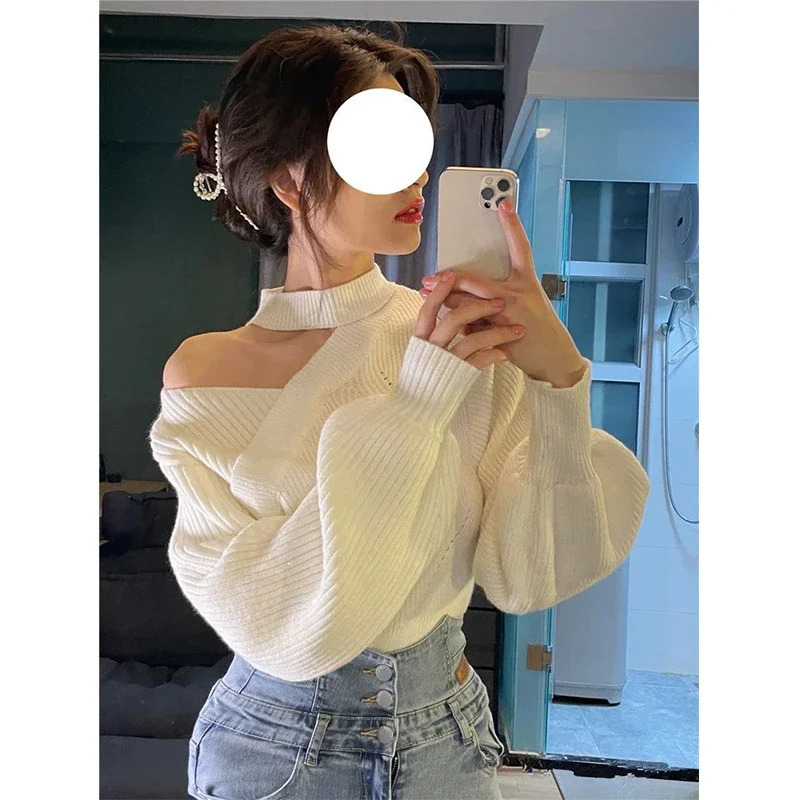 Cropped Halter Sweater Women Korean Black Sexy Off Shoulder Knitted Pullovers Winter Ladies Elegant Knitwear Fashion Jumpers 260918