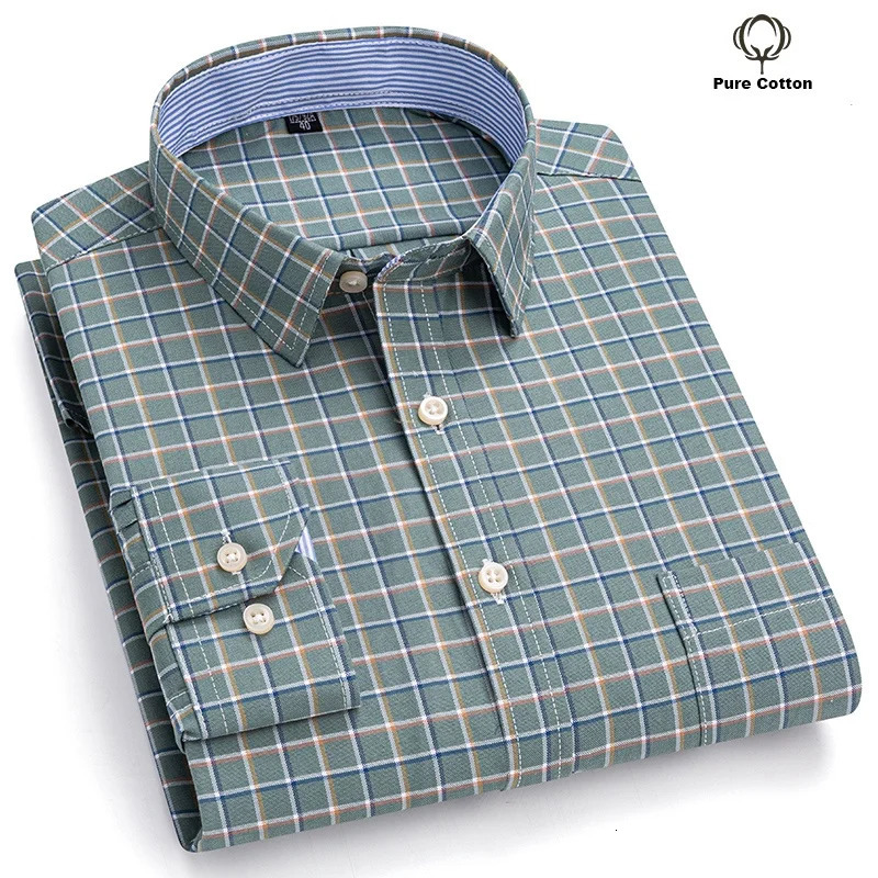 Men's Social Shirts Long Sleeve 100%Pure Cotton Oxford Buttoned Plaid Formal Male Casual Clothes Oversized Shirt Plus Size S-7XL 260922