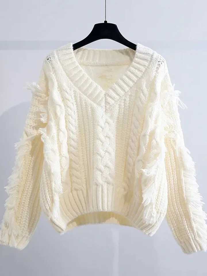 Jmprs Tassel Sweet V Neck Sweaters Women Lazy Wind Loose Long Sleeve Knitted Tops Jumpers Fall Casual Oversize Sweet Pullovers S260921STNJ