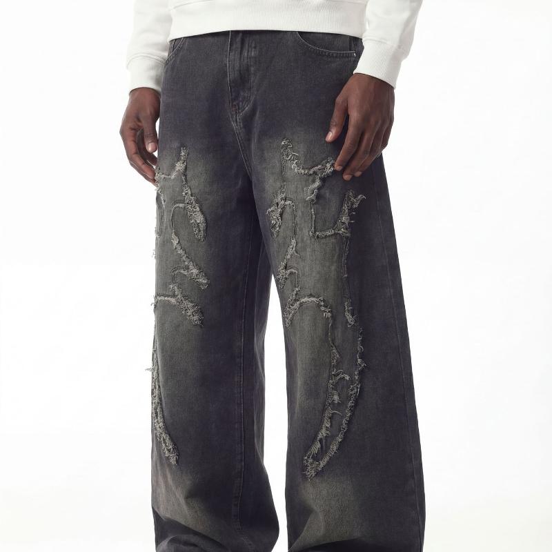 Hommes À La Mode Surdimensionné Jambe Large Pantalon En Denim Vintage Lavé Noir Effiloché Applique Conception De Broderie Lâche Baggy Jeans Tenue