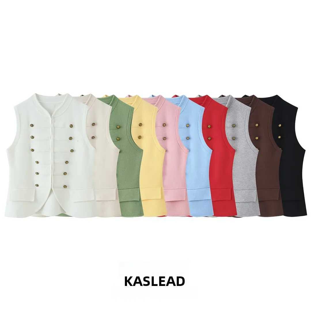 Women's Sweaters KASLEAD New Women's Fashionable Simple Knitted Sleeveless round Neck Vest Versatile Summer Polyester Fiber Double Button
