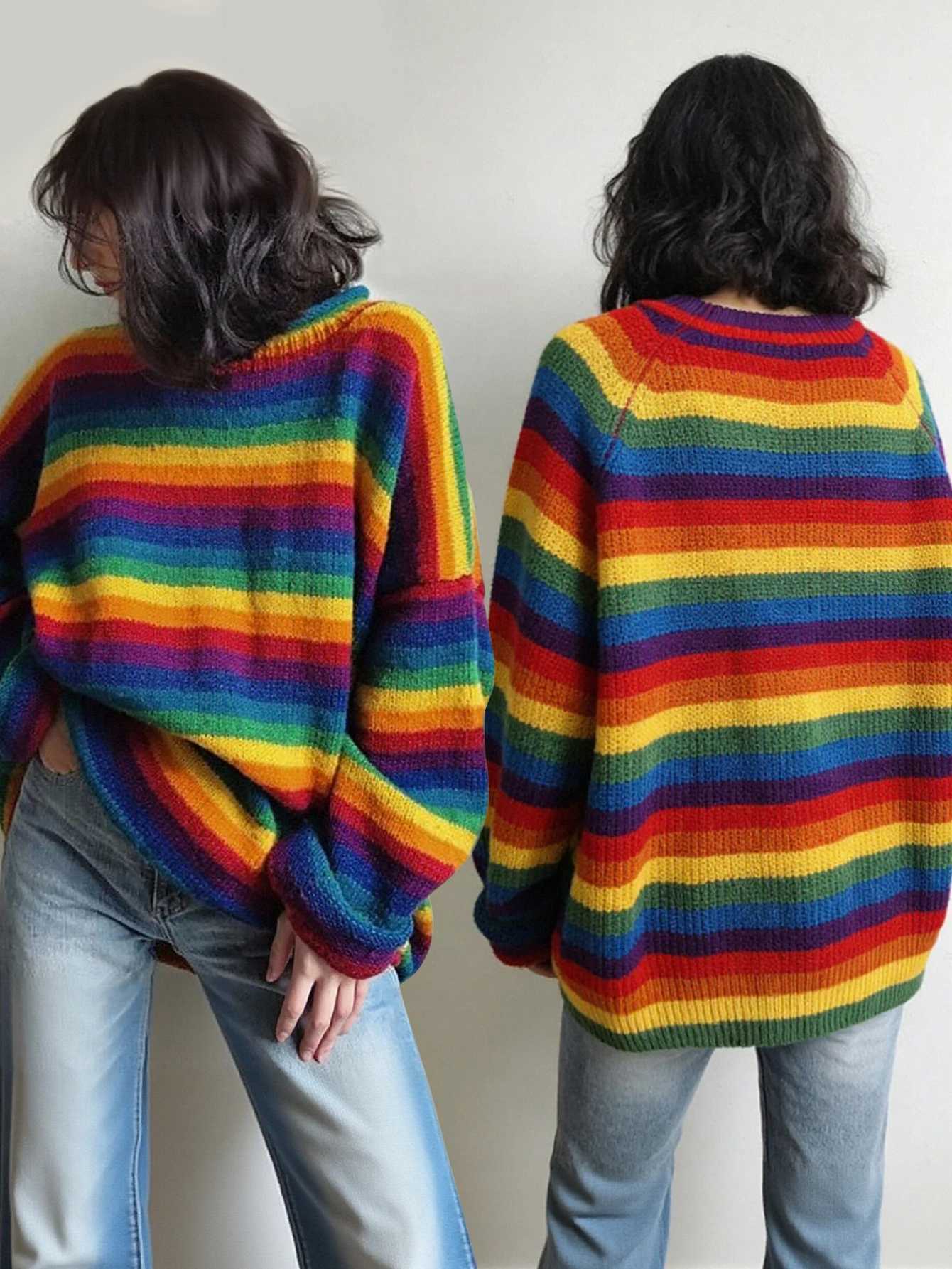 Women's Sweaters 2026 New Women's Rainbow Striped Sweater Vintage Oversized Loose Knit Pullover Long Sleeve Casual Tops H260923