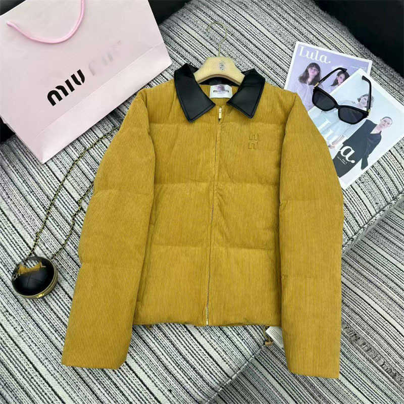 designer Women's Down & Parkas autumn and winter new Miu simple embroidered patchwork leather lapel corduroy down jacket