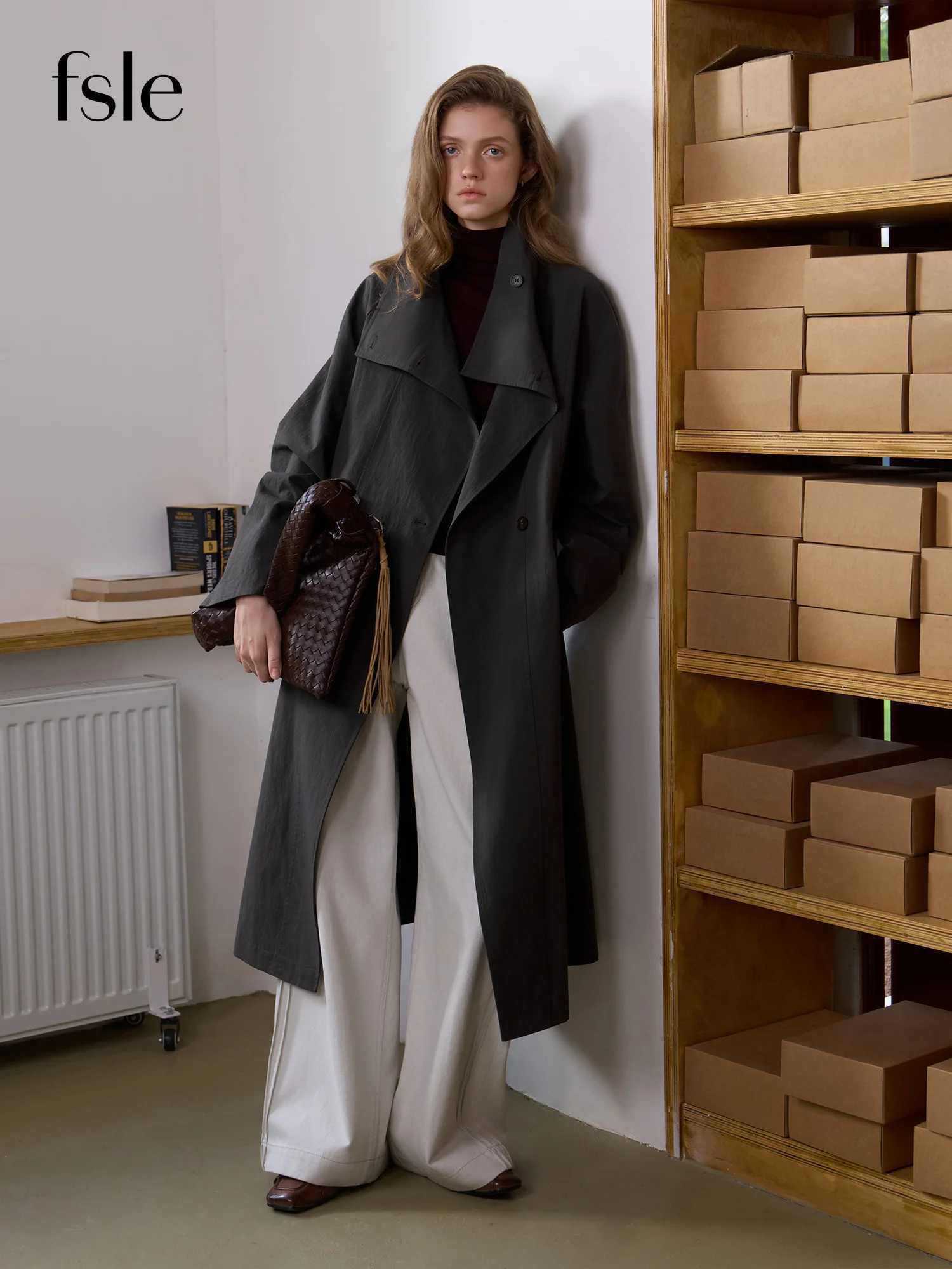 FSLE 2026 Fall Women's Vintage Stand Collar Contrast Plaid Long Lyocell Hemp Trench Coat - Sophisticated Office Commute Style M260922