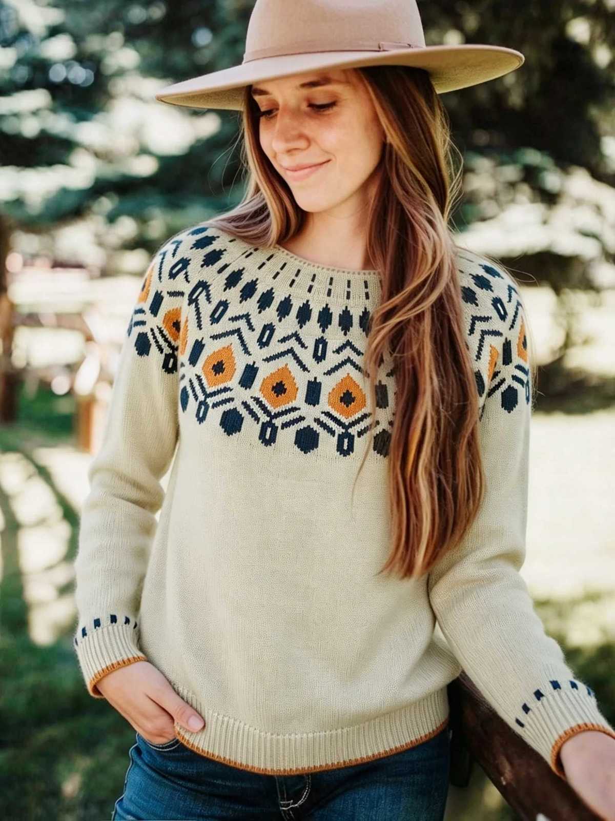 Women's Sweaters Women Spring Autumn Crew Neck Fair Isle Geometric Jacquard Knit Sweater Long sleeve Loose Vintage Casual Pullover Knit Tops D2