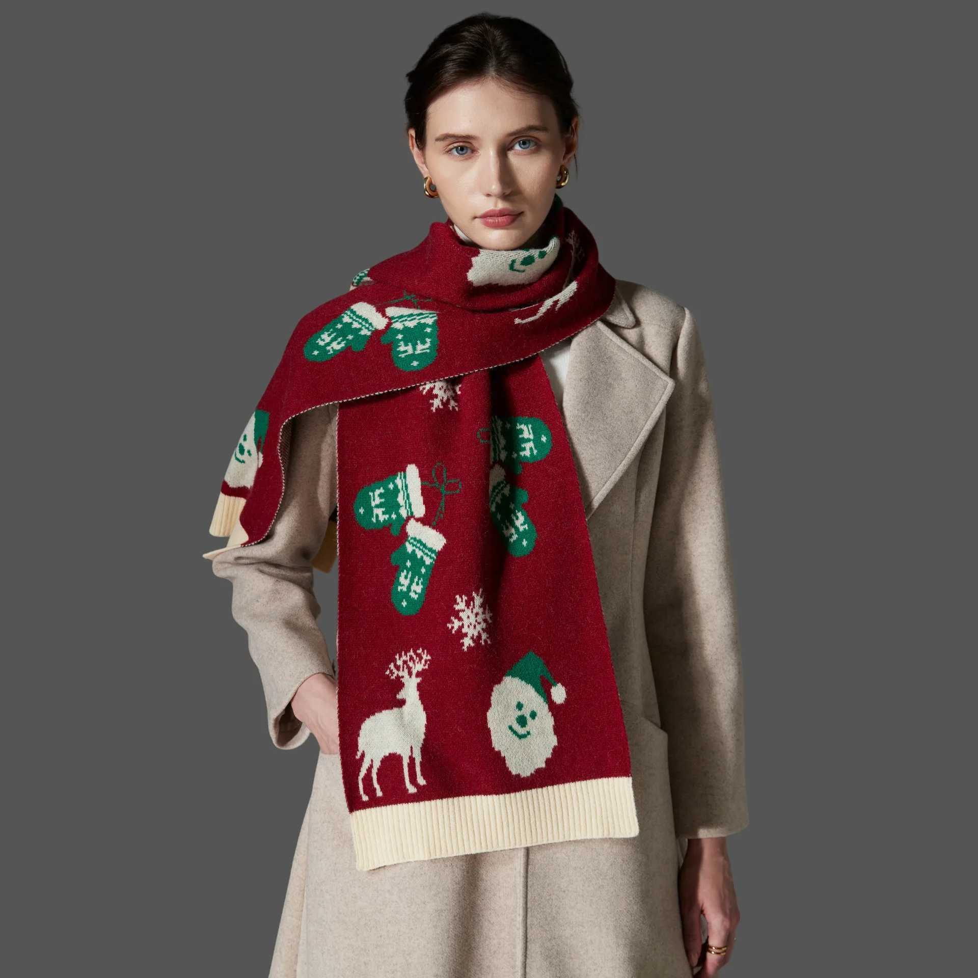 European American Autumn and Winter New Red and Green Christmas Scarf Deer Wool Knitted Scarf Z260922