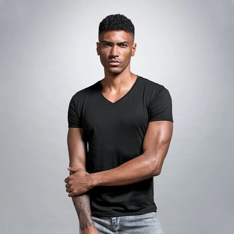 Summer solid-color V-neck t-shirt, slim-fit, plus-size, men's short-sleeve, heart-shaped neckline, white undershirt, slim-fit base layer