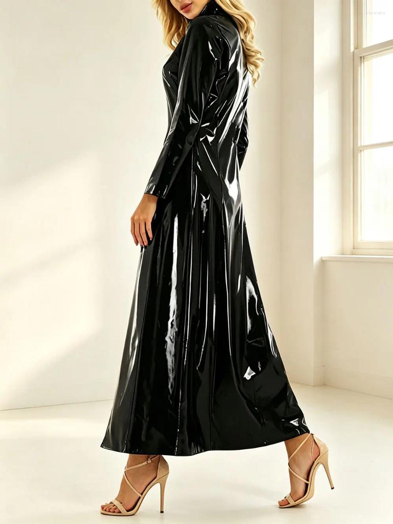 Women's Sexy Black Glossy Wet Look PU Leather Long Trench Coat High Neck Zip Front Clubwear Party Y2K Streetwear Maxi Jacket