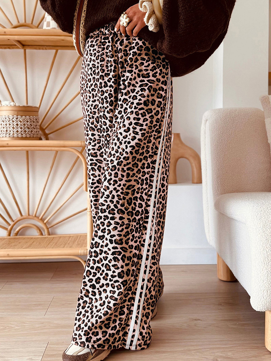 Luxury 2026 Summer New High-Waisted Casual Women, European And American Style, Unique Leopard Print With Striped Trim, Straight-Leg Long Pants For W
