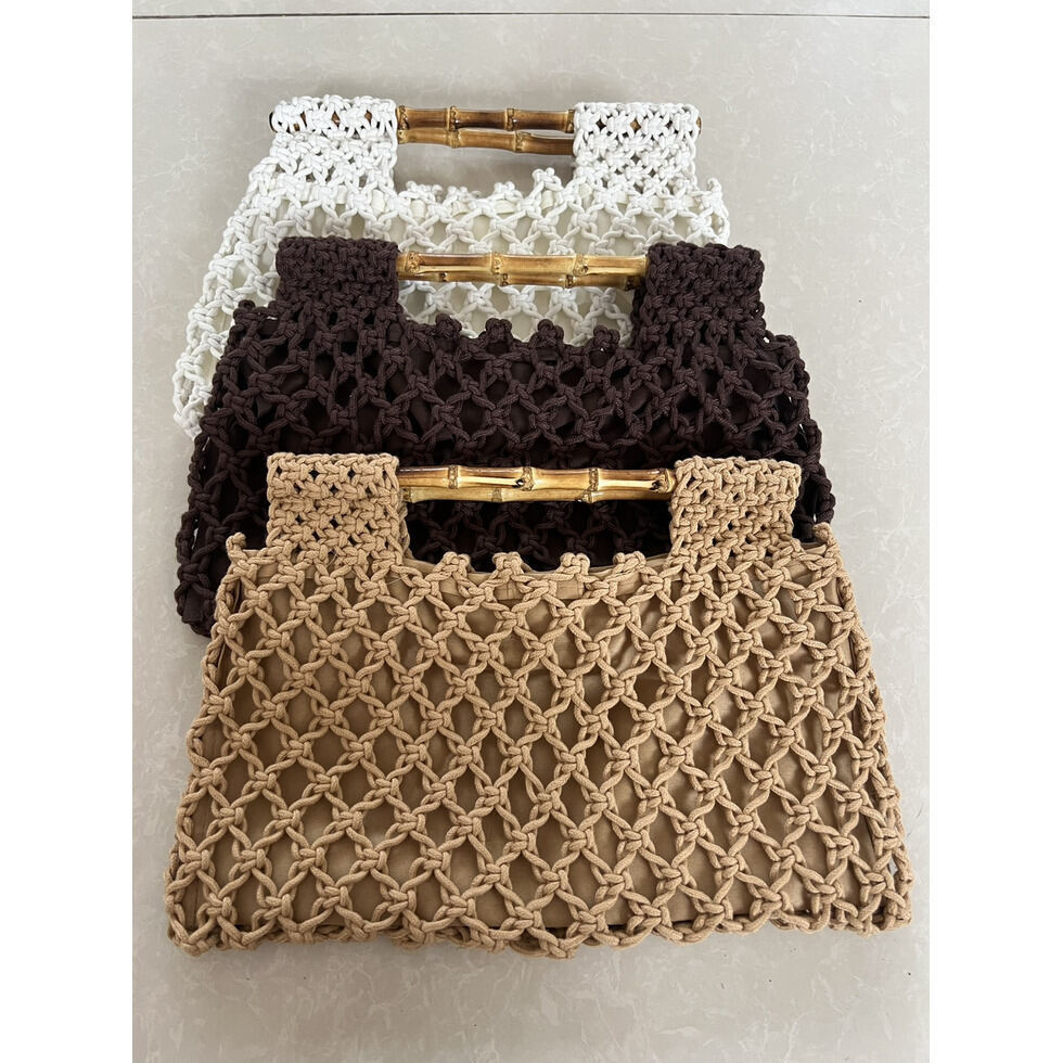 Hand Woven Small Square Handbag Hollow Bamboo Handle Large Capacity Mesh Bag Summer Trendy Vintage Daily Elegant Casual Womens