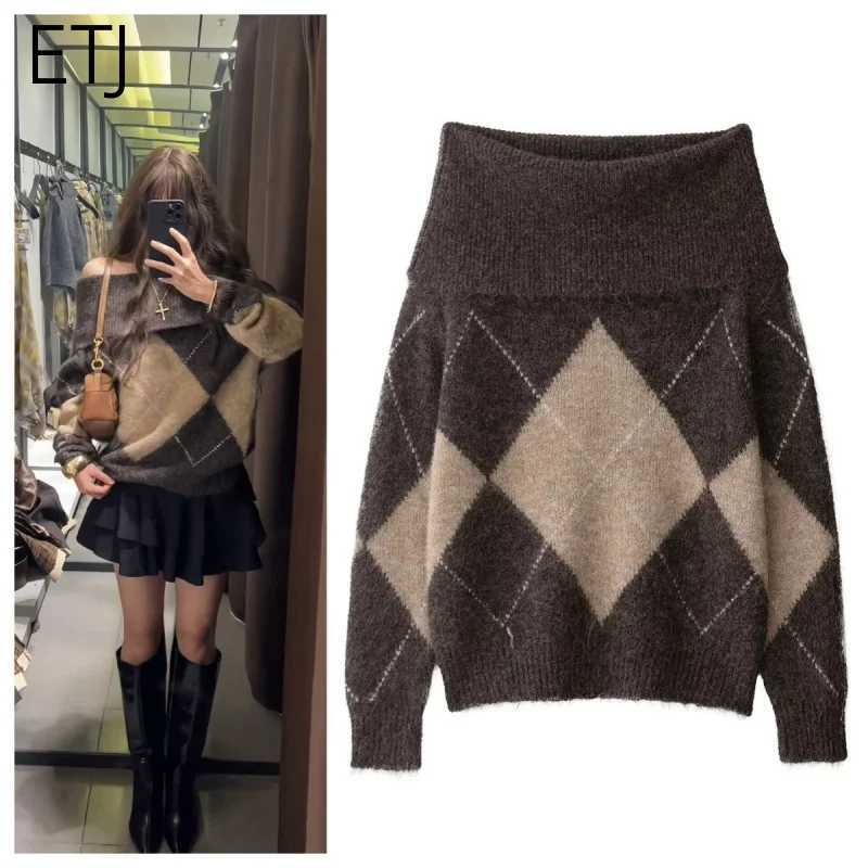 Women's Sweaters ETJ 2025 Autumn/winter new collection women's fashion print sexy cut neck off shoulder straight ribbed long-sleeved knit