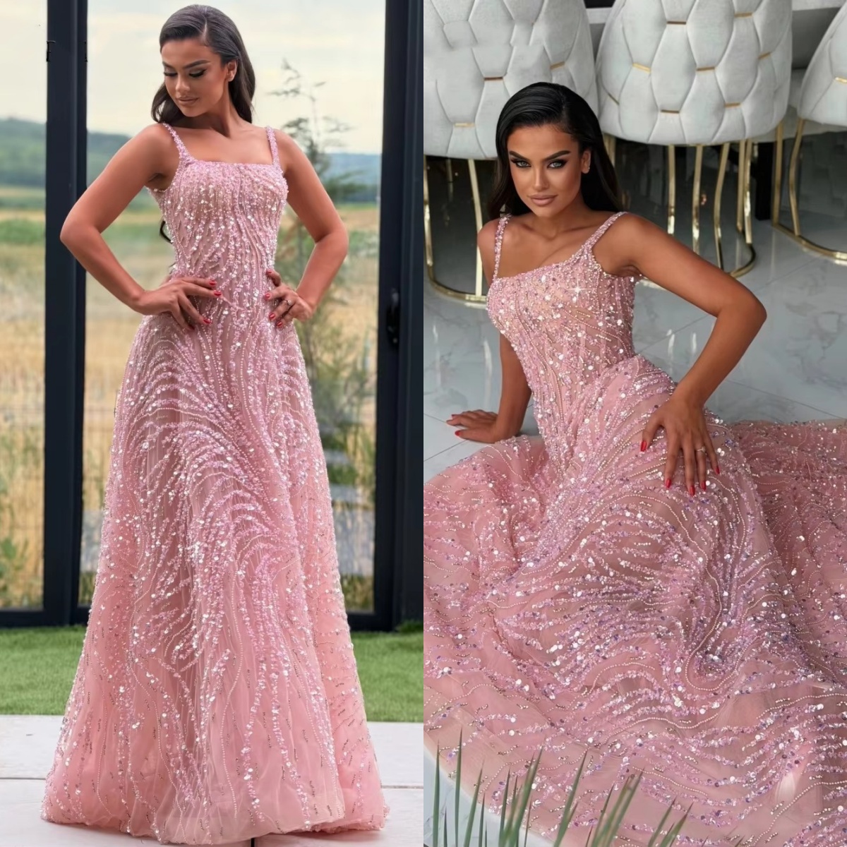 Sparkly A Line Evening Dresses For Women Square Neck Sleeveless Gown Sequins Floor Length Dress Prom Party Customized Dress